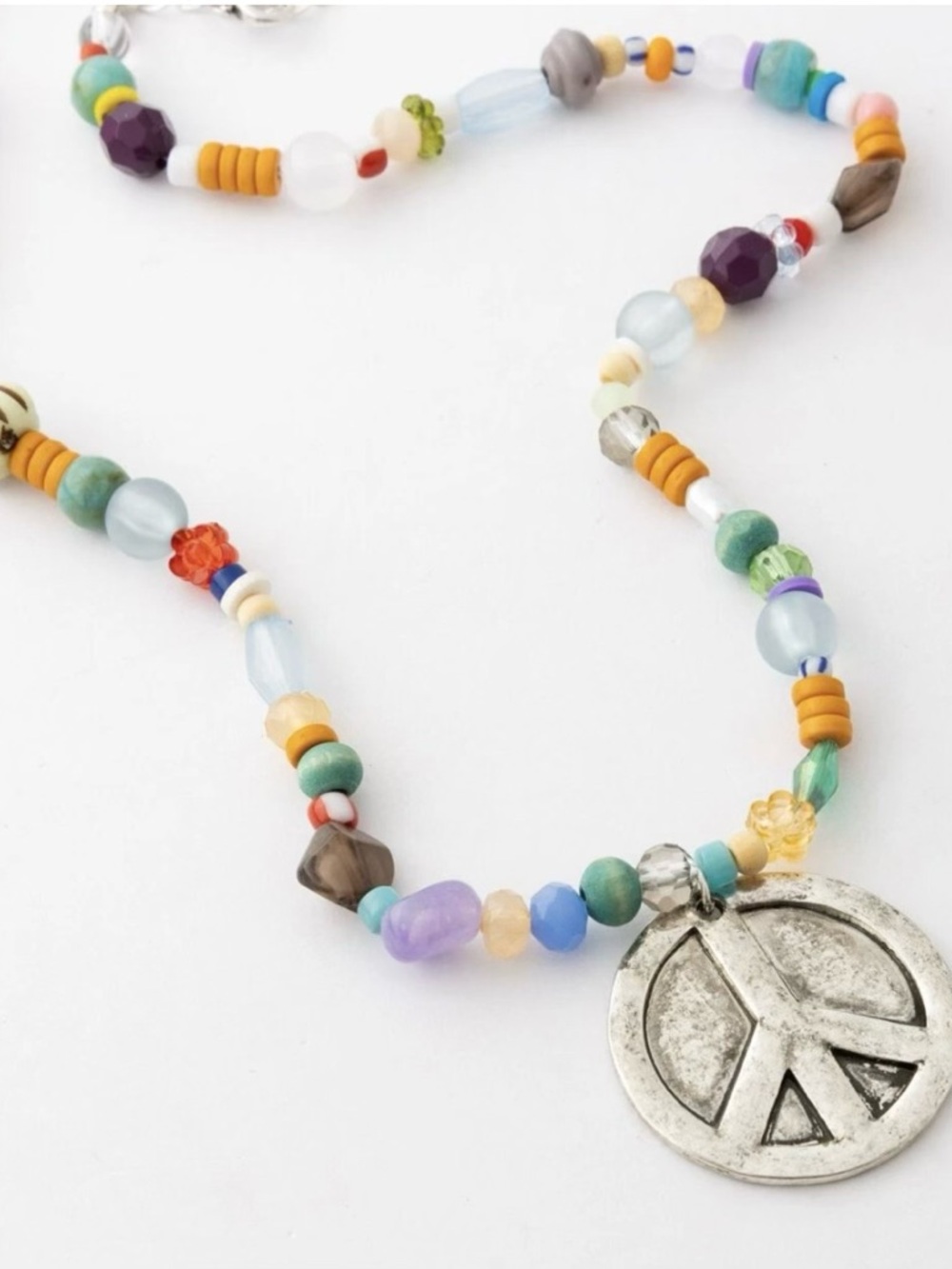 Plunder Multicolor Beaded Necklace with Silver Peace Pendant